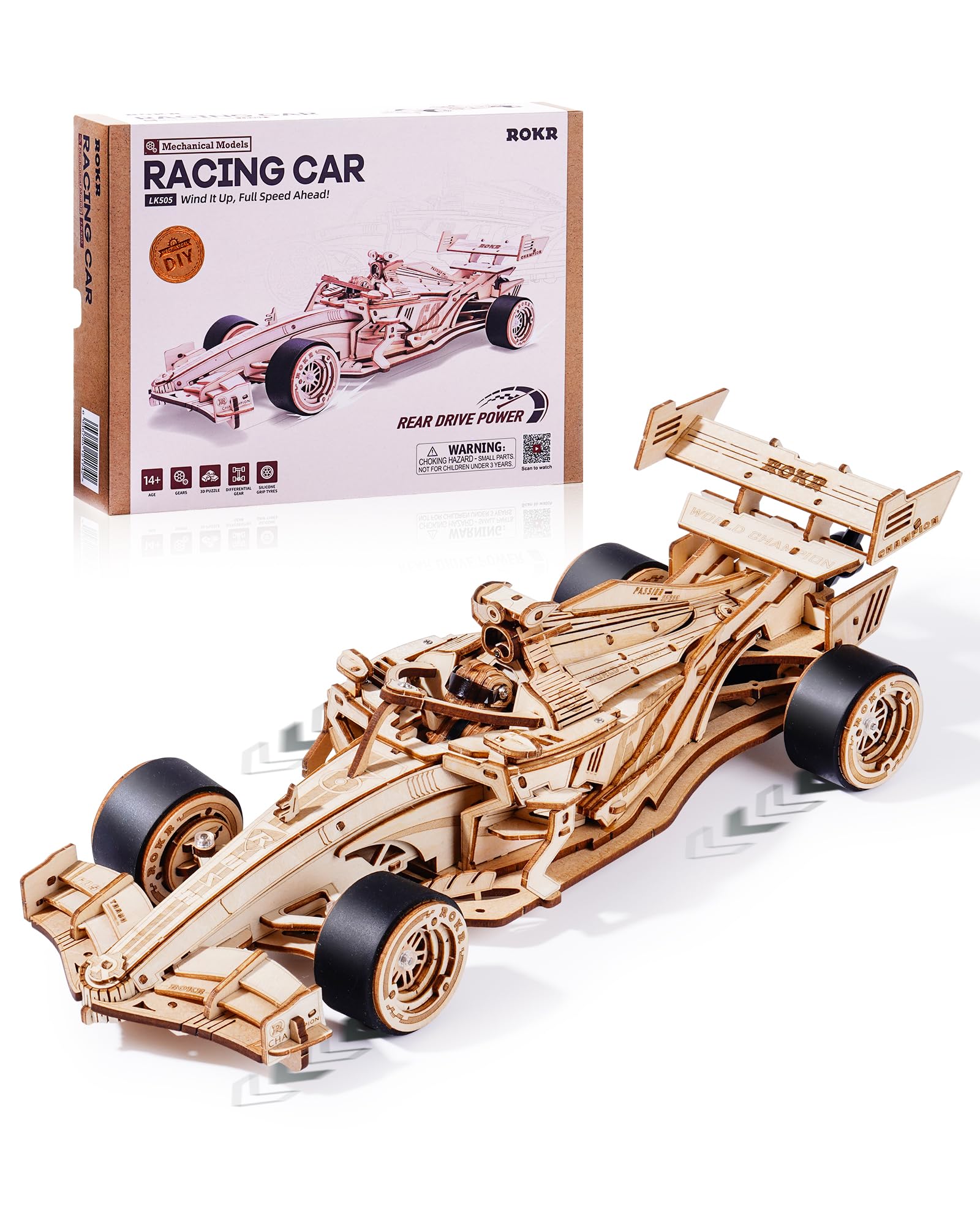 ROKR Puzzle 3D en Bois de Voiture de Course Maquette en Bois a Construire, Modèles d'engrenages Mécaniques Cadeaux DIY p