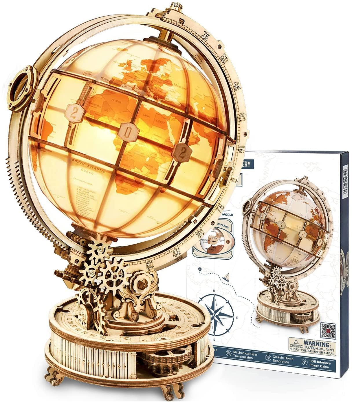 ROWOOD Puzzle 3D Bois Globe Lumineux - Modèle en Bois à Construire pour Adultes - Cadeau Idéal pour Noël et Anniversaire
